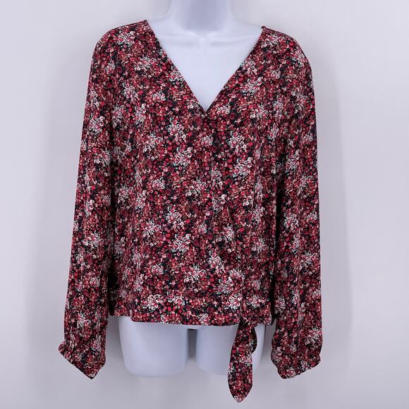 Loft Outlet Sz S Pink Floral Long Sleeve Faux Wrap Top Shirt V Neck Bottom Tie - Picture 1 of 7